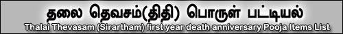 தலைதிதி, தலைதெவசம் பொருள் பட்டியல் மற்றும் முன்னேற்பாடு, Thalai Thevasam List