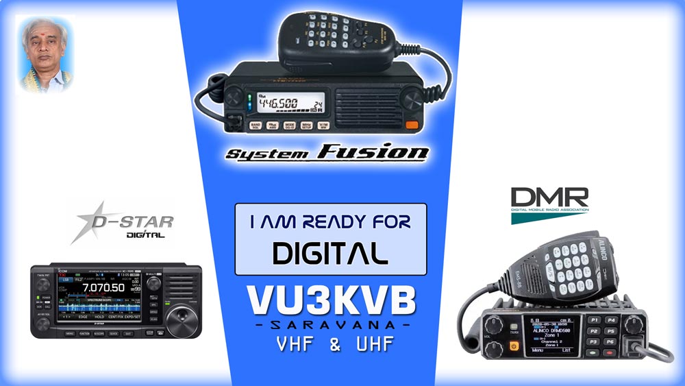 RTTY - Radio Teletype, Packet Radio, AMTOR, PSK31, PACTOR, Clover, MFSK-16, WSJT, WSPR, APCO P25, D-STAR, DMR, System Fusion, C4FM, FreeDV, M17, polynomials, ATV, Amateur television, FSK441, JT6M, JT65, and FT8, Amateur Packet Radio Network (AMPRNet), Automatic Packet Reporting System (APRS), PSK31, QPSK31, PSK63, QPSK63, Earth-Moon-Earth (EME), Echolink , OSCAR, QRP, DDS, MFSK, single-sideband, modulation SSB, Slow-scan television SSTV, ICOM, YAESU, ALINCO, KENWOOD, VU3KVB, CHENNAI VHF REPEATER, uhf repeater, DIGITAL repeater