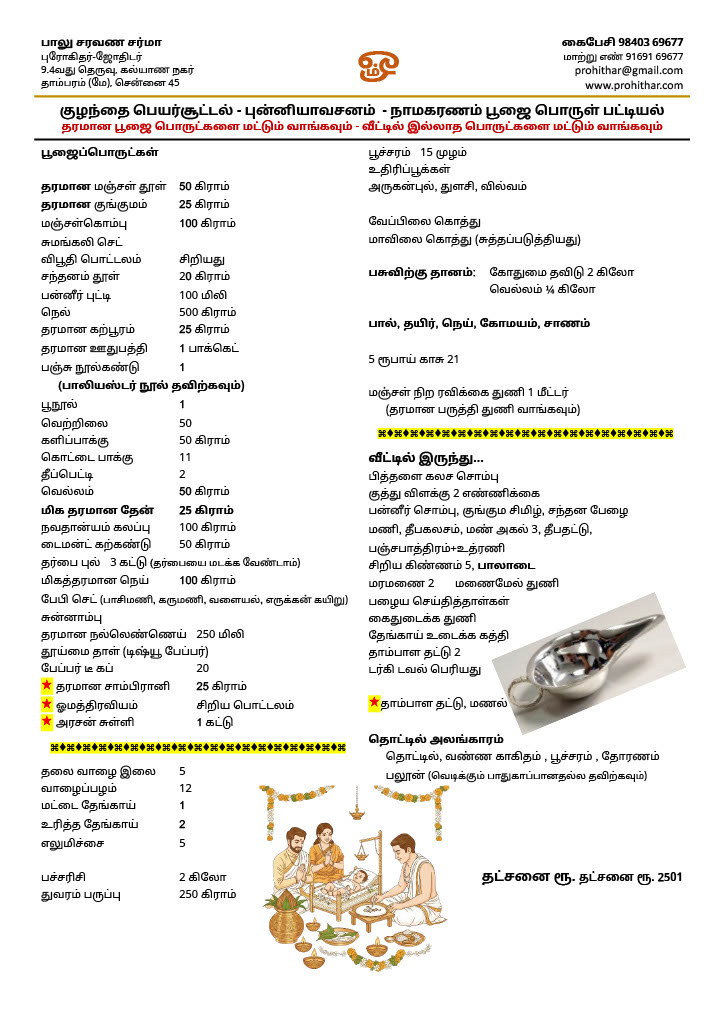 குழந்தை பெயர் சூட்டல் - நாமகரணம் பொருள் பட்டியல் மட்டும், Baby Namining Ceremony Pooja List Only